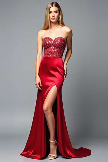 Sparkly Red Sweetheart Mermaid Long Satin Prom Dress with Slit